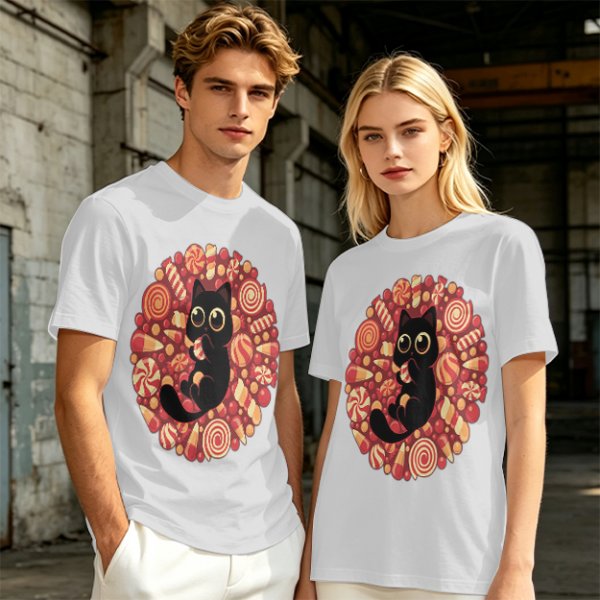 Olive T-Shirt With Cute Black Cat Holding Candy Surrounded By Sweets