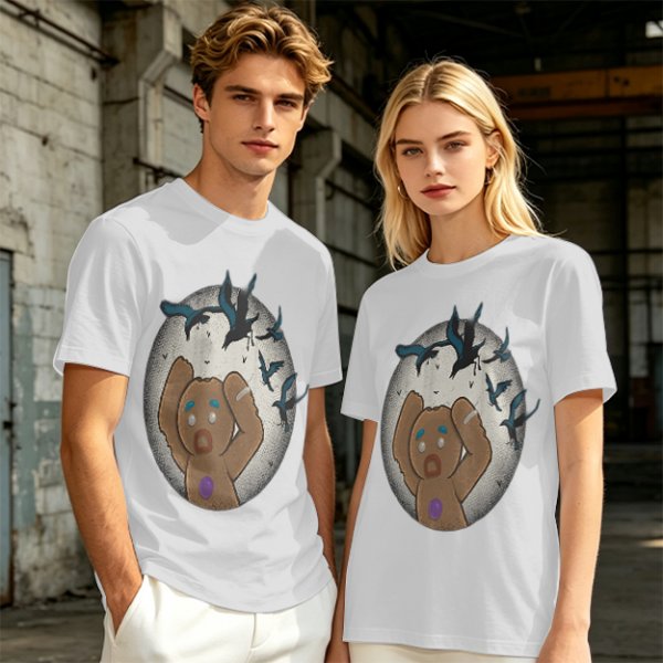 Olive T-shirt with a terrified gingerbread man and flying birds graphic