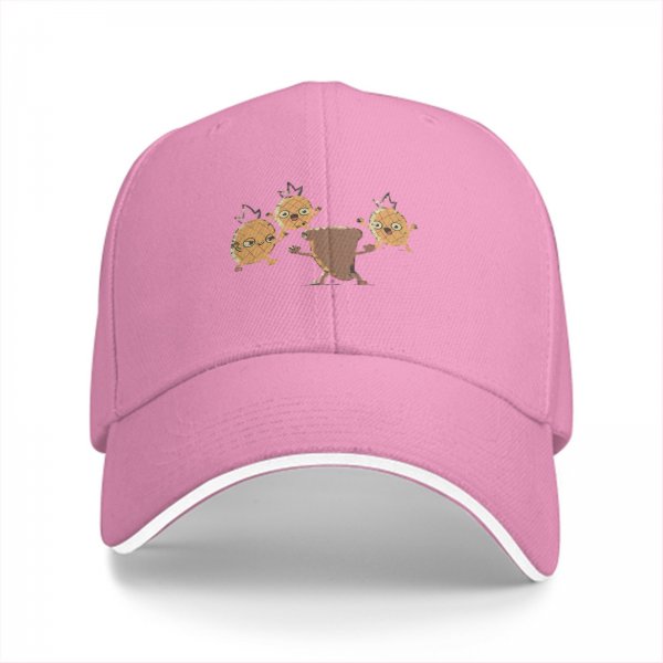 Black baseball cap with dancing pineapple and coffee cup characters