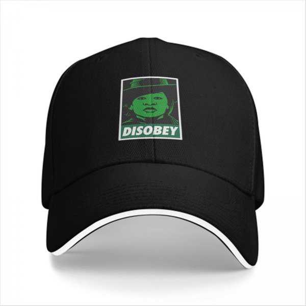 Black baseball cap with green 'DISOBEY' portrait graphic