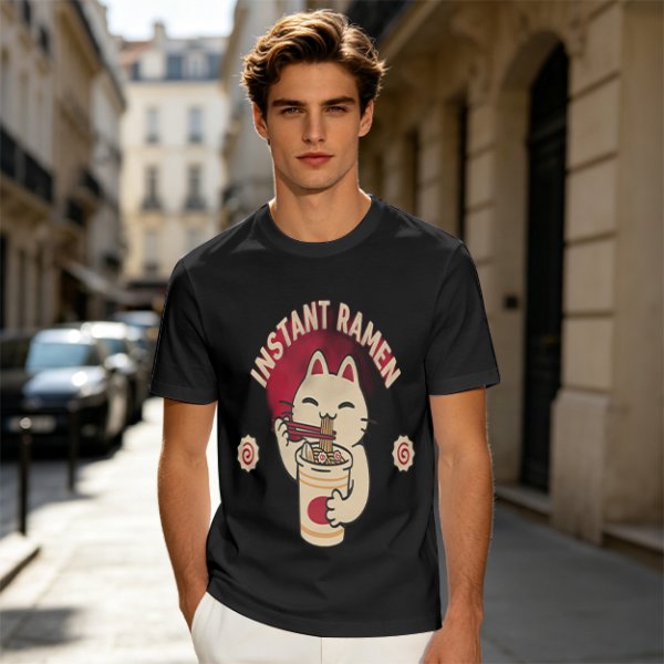 Olive green t-shirt with a cartoon cat eating instant ramen