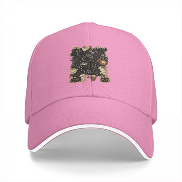 Black Baseball Cap With Cute Cats And Coffee Themed Print