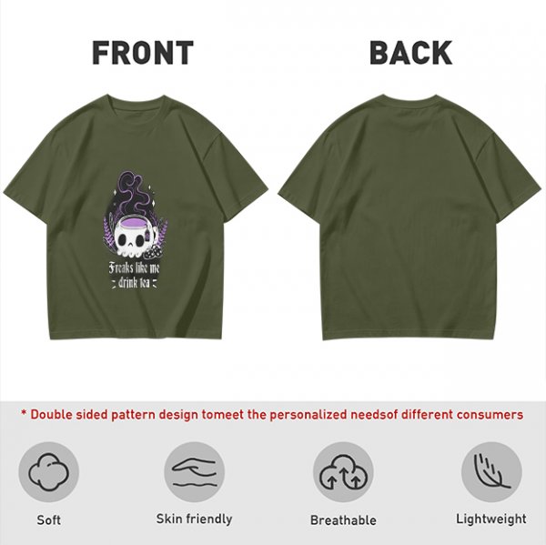 Olive graphic t-shirt with skull tea cup and 'Freaks like me drink tea' text