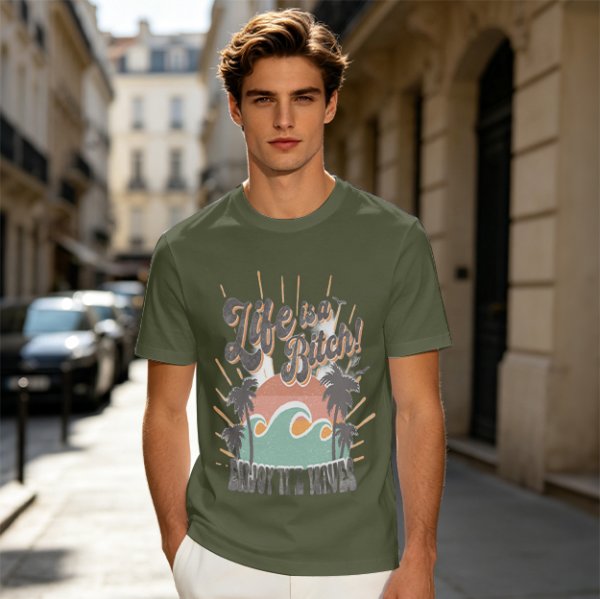 Olive graphic t-shirt with tropical sunset wave and palm tree print