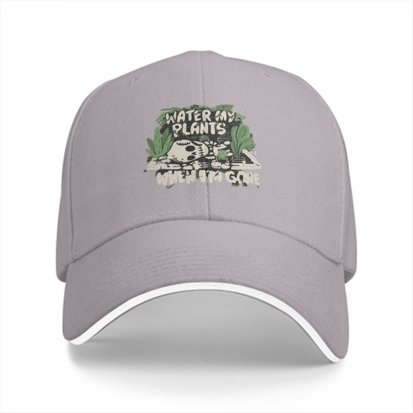 Black baseball cap with 'Water My Plants When I'm Gone' skull and plant graphic