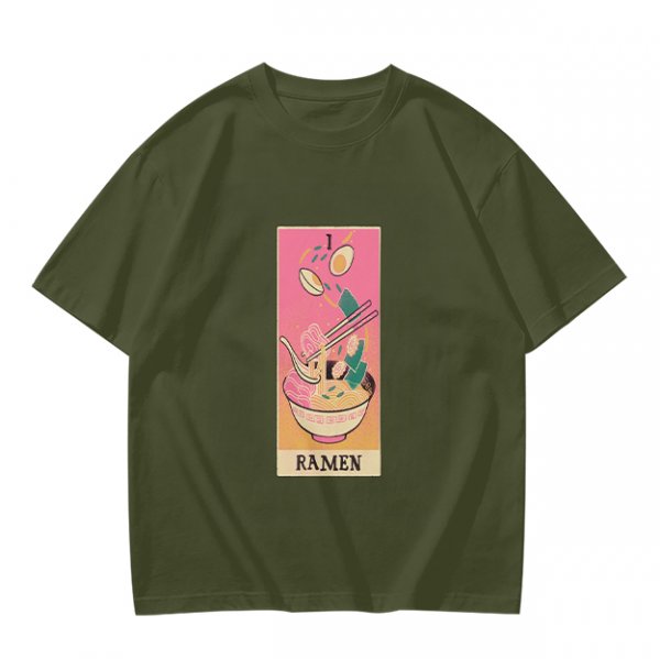 Olive T-Shirt With Ramen Tarot Card Style Graphic Print