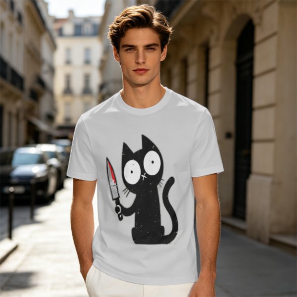 Olive T-shirt with a black cartoon cat holding a bloodied knife