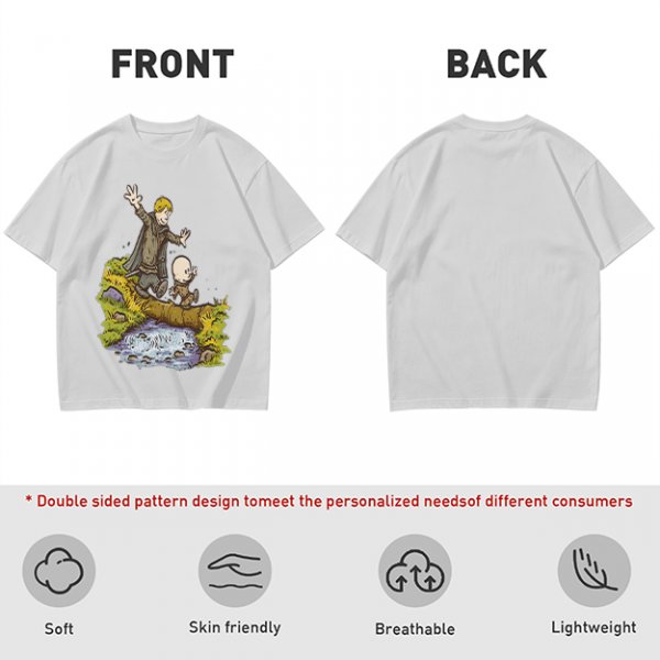 Olive T-shirt with fantasy characters balancing on a log over a stream