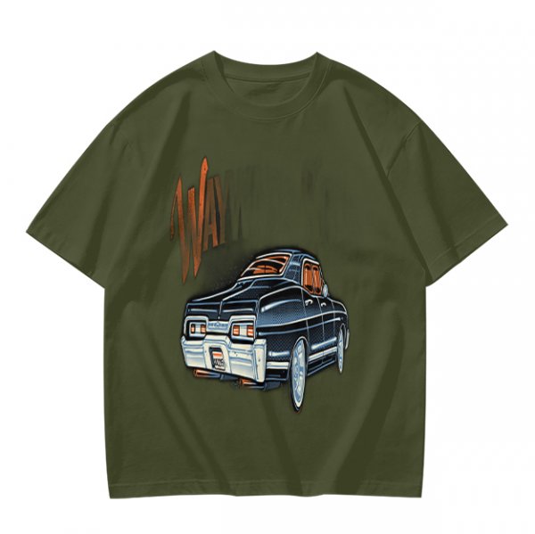 Olive Green Graphic T-Shirt with Classic Dark Car and Orange Text Print