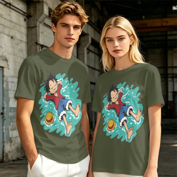 Olive anime t-shirt with Luffy relaxing in water print