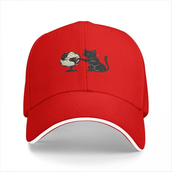 Black Baseball Cap With Cat Reaching For Globe Print