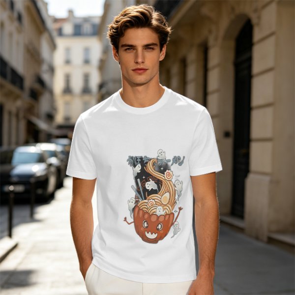 Olive green t-shirt with pumpkin ramen and ghost graphic print