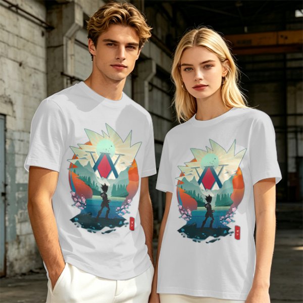 Hunter x Hunter Anime Graphic Tee with Sunset Landscape Art