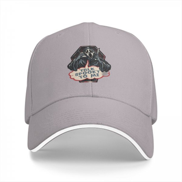 Black baseball cap with Ghostface 'Talk Spooky To Me' horror print