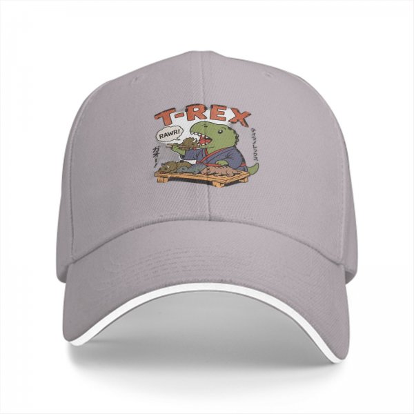 Black baseball cap with T-Rex sushi chef graphic and RAWR text