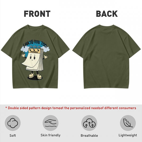 Olive t-shirt with cartoon Monday calendar graphic and 'I HATE YOU TOO' text