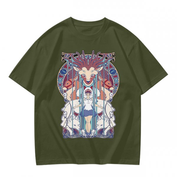 Olive green t-shirt with stained glass style forest spirit anime artwork