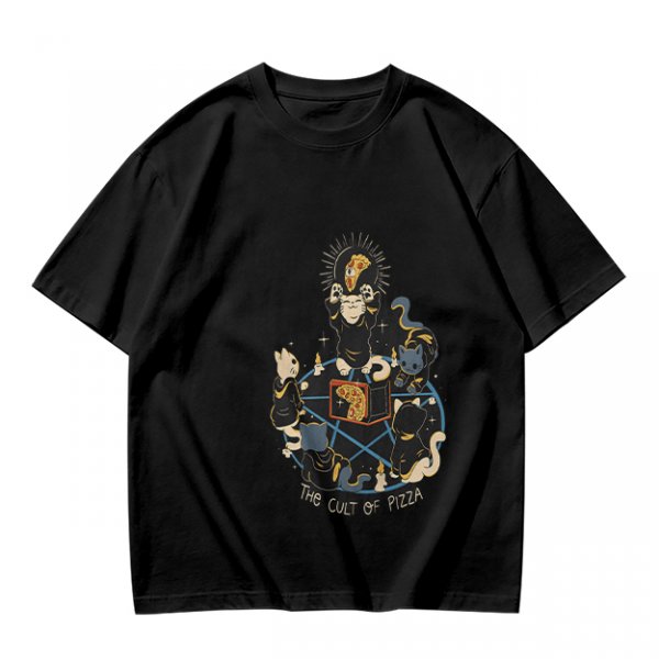 Olive Graphic T-Shirt With The Cult Of Pizza Cat Occult Artwork