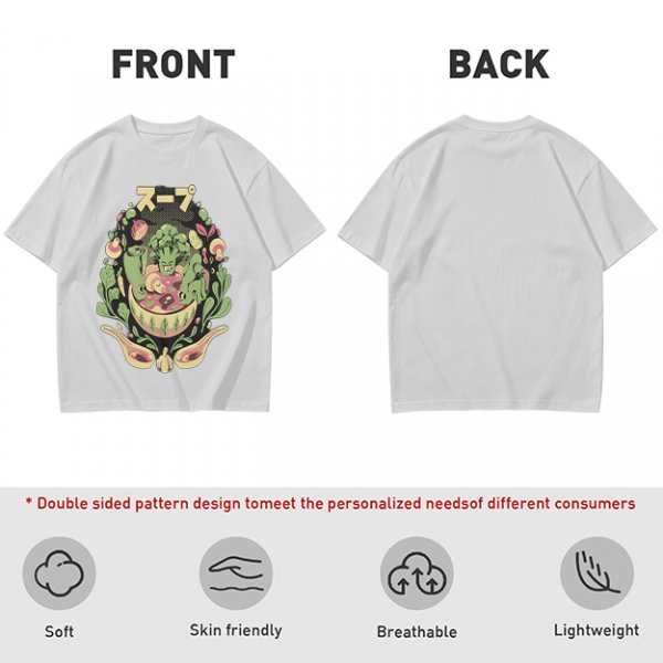Olive green t-shirt with playful vegetable soup graphic print