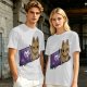 Olive T-shirt with a cartoon cat emerging from a purple chocolate wrapper print
