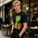Olive green t-shirt with cute Tea Rex dinosaur holding a steaming tea mug