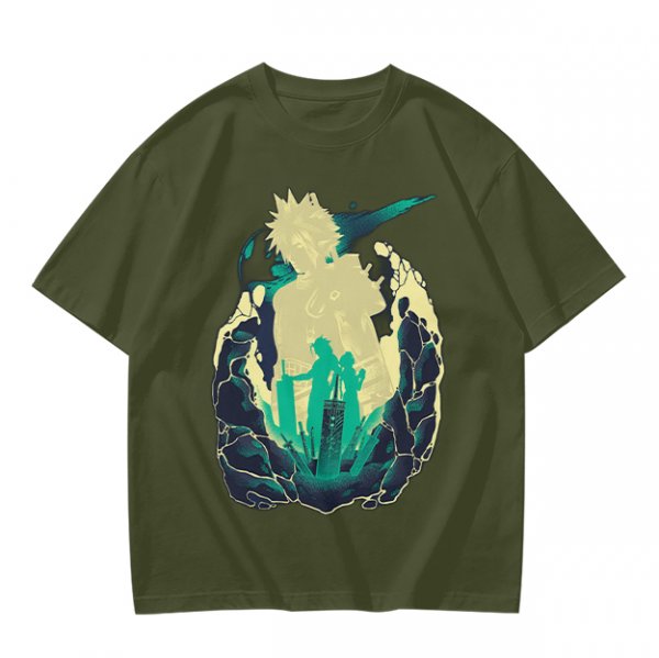Anime Silhouette Graphic Olive Green Short Sleeve T-Shirt