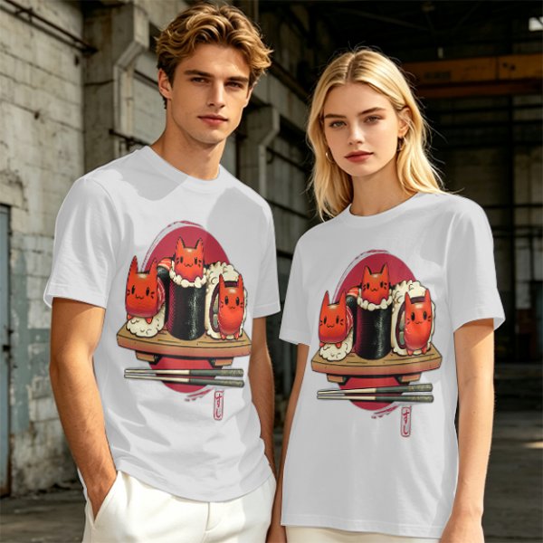 Olive t-shirt with cute cat sushi characters on a wooden platter