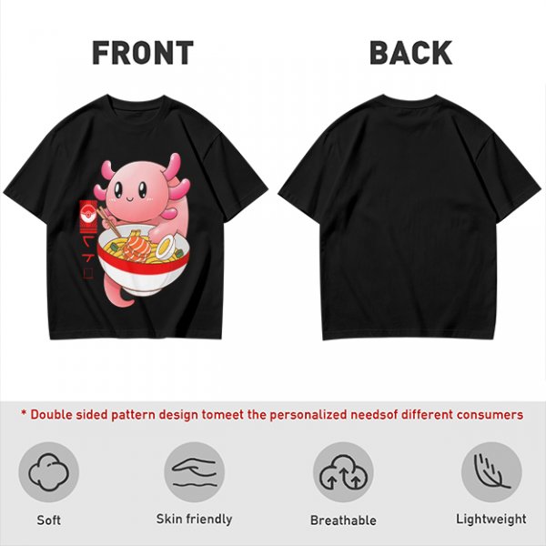 Olive T-Shirt Featuring a Cute Pink Axolotl Eating Ramen