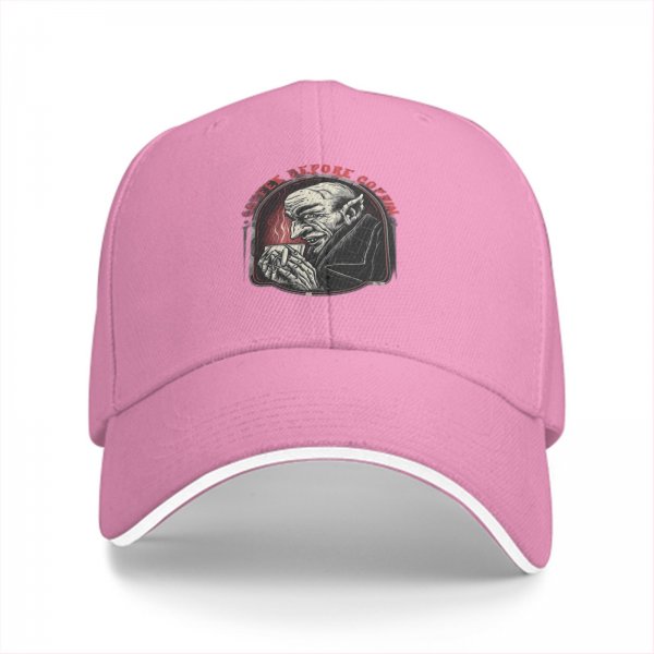 Black baseball cap with vampire drinking coffee 'Coffee Before Coffin' print