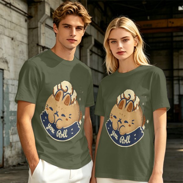 Olive T-Shirt With Cute Cinnamon Bunny Roll Graphic And You Roll Text