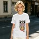 Olive green t-shirt with a ninja cat eating ramen graphic
