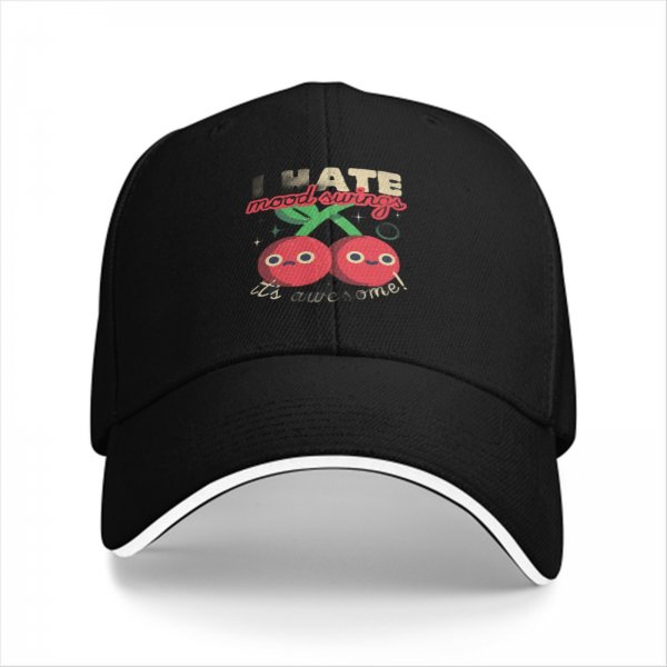 Black baseball cap with funny mood swing cherry graphic print