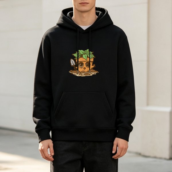 Black hoodie with cute potted plant character graphic