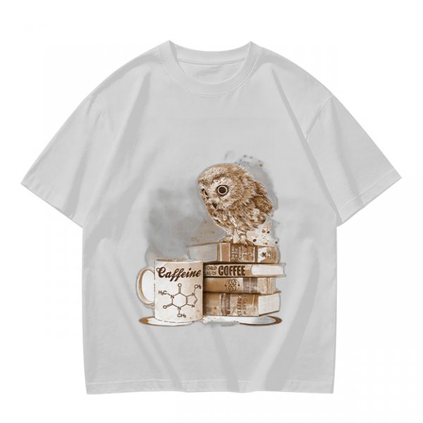 Owl on coffee books and caffeine mug graphic t-shirt