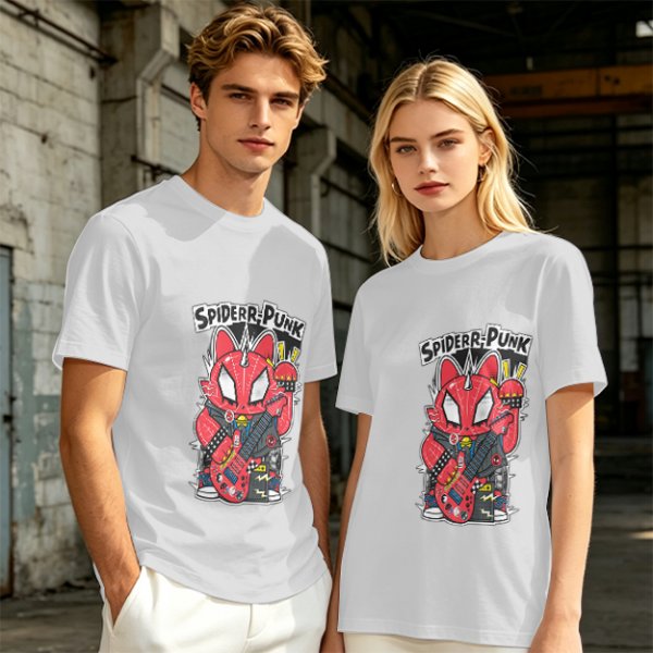 Olive T-shirt with Spider-Punk Cat Playing Guitar Graphic