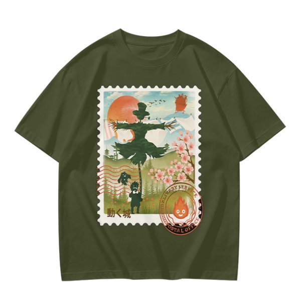 Howl's Moving Castle Stamp Graphic Olive T-Shirt