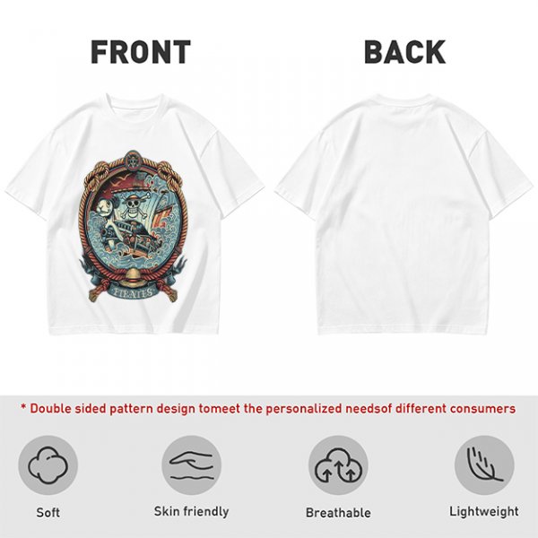 Olive Green Pirate Themed T-Shirt with Ship and Skull Graphic
