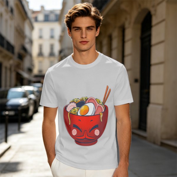 Olive T-Shirt With Cute Cartoon Ramen Bowl Graphic