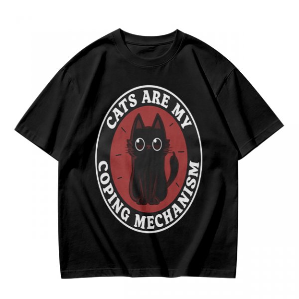 Olive t-shirt with 'Cats Are My Coping Mechanism' and black cat graphic