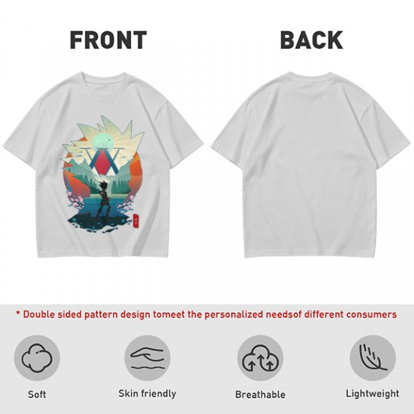 Hunter x Hunter Anime Graphic Tee with Sunset Landscape Art