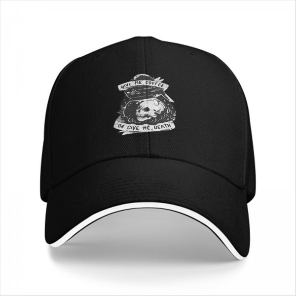 Black baseball cap with 'Give Me Coffee Or Give Me Death' skull graphic
