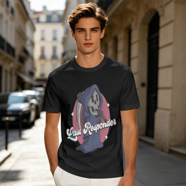 Olive T-Shirt with Cartoon Grim Reaper 'Last Responder' Print