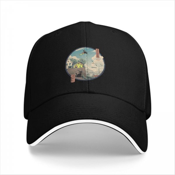 Black baseball cap with witch and black cat fantasy town print