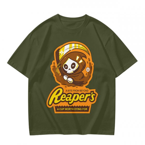 Olive green graphic t-shirt with cute reaper coffee themed print