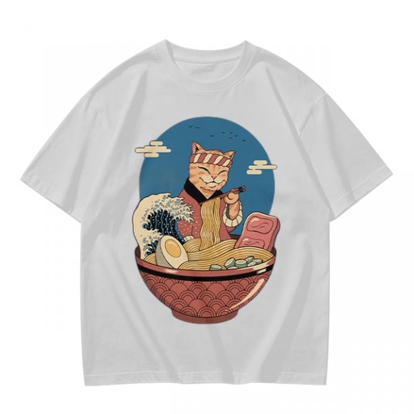 Cat Chef Eating Ramen in Great Wave Bowl T-Shirt