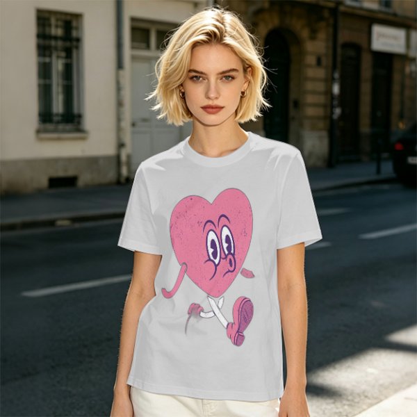 Oversized Olive T-Shirt with Retro Walking Pink Heart Cartoon Graphic