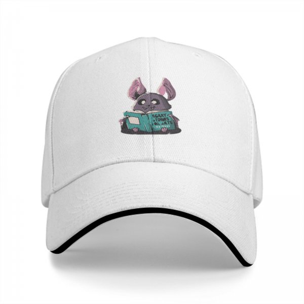 Black baseball cap with cute bat reading scary stories book print