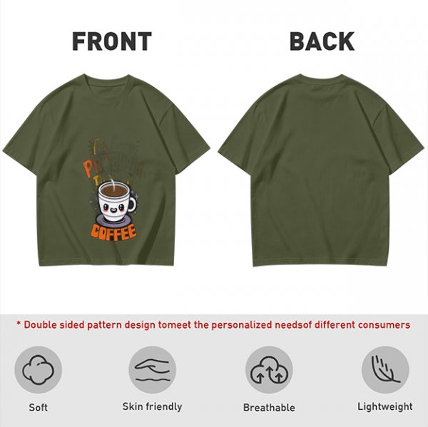 Olive Green T-Shirt With Cute Coffee Cup Graphic and Problem Solution Text