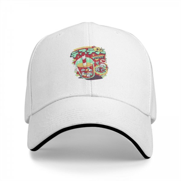 Black baseball cap with spooky drink graphic and Japanese text