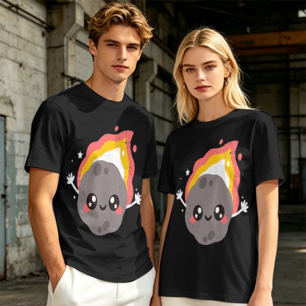Olive green t-shirt with cute cartoon flaming asteroid graphic